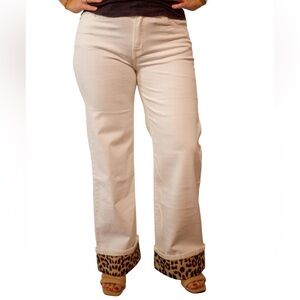 Q2 Premium Denim Wide Leg Pants Leopard Print Trim Cream Pink XS